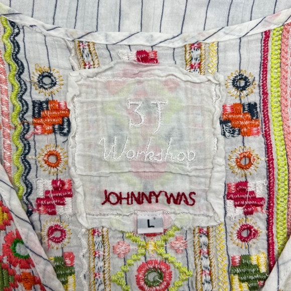 Johnny Was Ovett Tee Shirt, Floral Embroidery, Small Navy Stripes - Picture 4 of 4